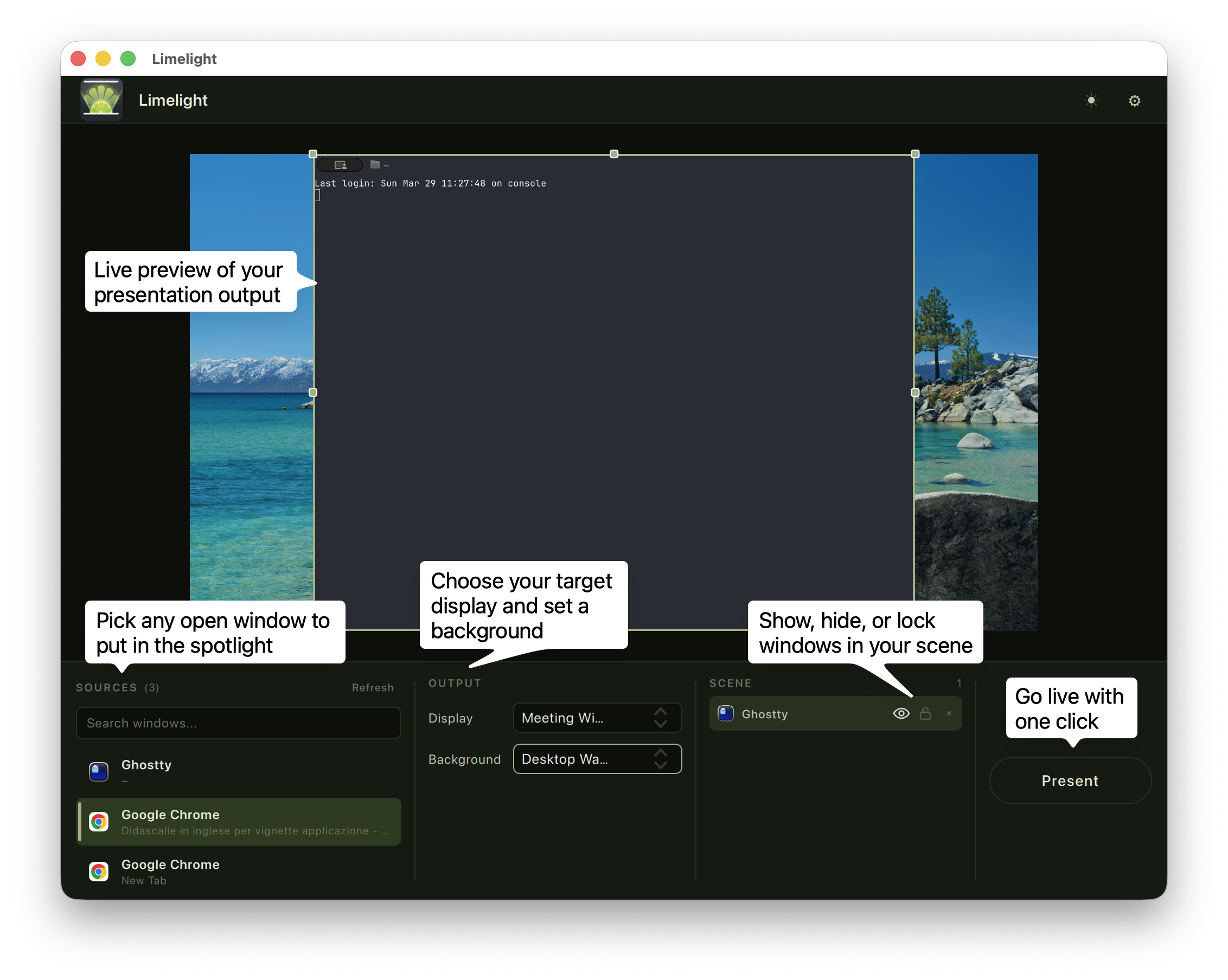 Limelight app — pick any window, compose your scene, and present with one click